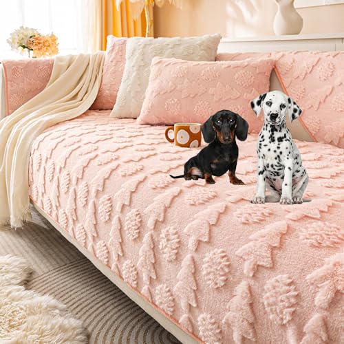OwkHome Sofabezug Aus Kunstfell Mit Festlichem Aufdruck, Rutschfester Sofabezug Aus Plüsch Mit L-förmigem Design(Pink,90 * 210cm/35.4 * 83in) von OwkHome