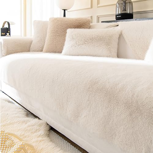 OwkHome Sofabezug Aus Kunstfell Und Plüsch, rutschfest, L-förmig, Haustierfreundlich, Waschbar(Beige,90 * 210cm/35.4 * 83in) von OwkHome