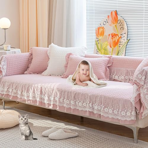 OwkHome Sofabezug Aus Massiver Baumwolle Mit Rockdesign, Universeller Rutschfester Möbelbezug for Ganzjährigen Schutz(Pink,90+15cm*240cm) von OwkHome