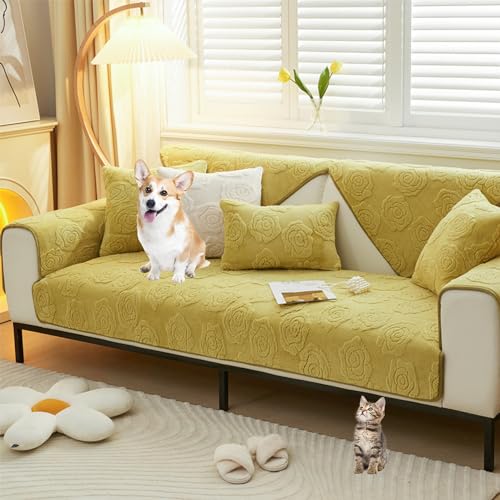 OwkHome Sofabezug Aus Plüsch Mit Rosen-Jacquardmuster – Rutschfester, Waschbarer Schonbezug for L-förmige Sofas(Yellow,110 * 240cm/43 * 94.5in) von OwkHome