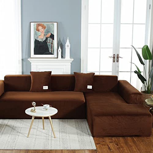 OwkHome Sofabezug Aus Samt Mit Rutschfesten Riemen, Plüsch-Stretch-Möbelschutz for L-förmige Couch(Coffee,3 Seater 190-230cm) von OwkHome