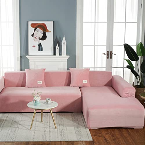 OwkHome Sofabezug Aus Samt Mit Rutschfesten Riemen, Plüsch-Stretch-Möbelschutz for L-förmige Couch(Pink,3 Seater 190-230cm) von OwkHome