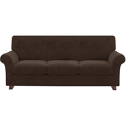 OwkHome Sofabezug Aus Samt Mit Separatem Kissenbezug, Rutschfester Stretch-Plüsch-Möbelschutz(Brown,3 Seater (71-91in)) von OwkHome