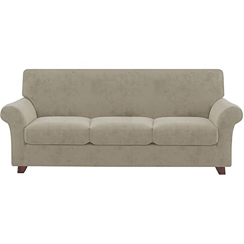 OwkHome Sofabezug Aus Samt Mit Separatem Kissenbezug, Rutschfester Stretch-Plüsch-Möbelschutz(Khaki,4 Seater (91-110in)) von OwkHome