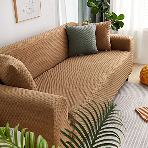 OwkHome Sofabezug Aus Stretch-Jacquard-Stoff Mit Elastischer Unterseite, Rutschfester Möbelschutz for Sofas(Brown,4 Seater(235-310cm)) von OwkHome