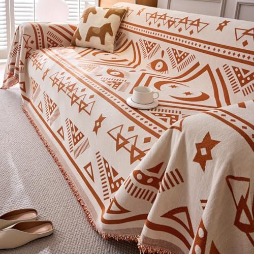 OwkHome Sofabezug Im Bohemian-Stil – Haustierfreundlicher Chenille-Schonbezug for L-förmige Sofas, Waschbarer Möbelschutz(Orange,180 * 300cm/71 * 112in) von OwkHome