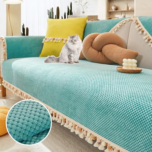 OwkHome Sofabezug Mit Cordfransen, Verdickter, Rutschfester Schnittbezug for 2-4-Sitzer-Couches(Blue,110 * 110cm/43 * 43in) von OwkHome