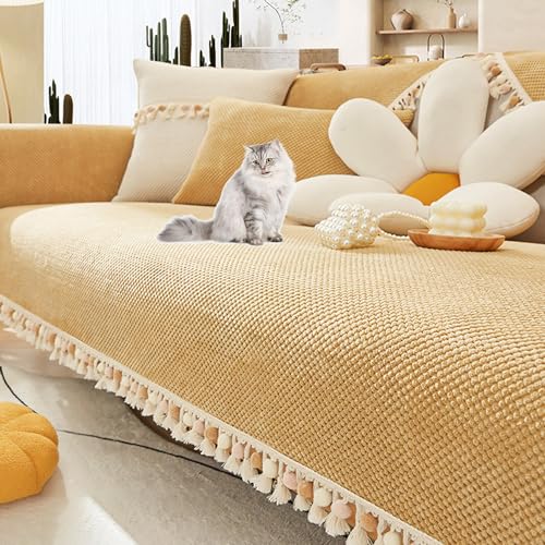 OwkHome Sofabezug Mit Cordfransen, Verdickter, Rutschfester Schnittbezug for 2-4-Sitzer-Couches(Khaki,70 * 210cm/27.6 * 82.7in) von OwkHome