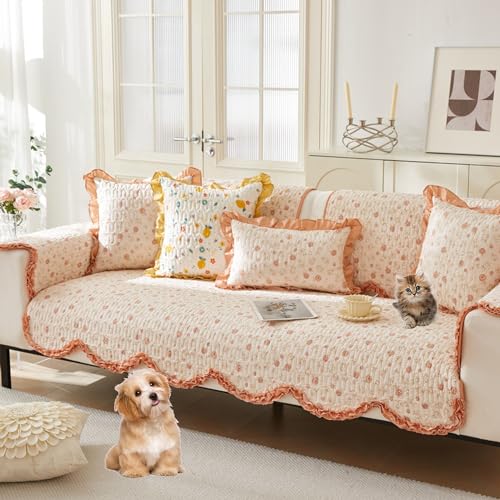 OwkHome Sofabezug Mit Floraler Spitze Und Gewelltem Rand, Rutschfester Schnittbezug, Waschbarer Möbelschutz(Pink,90 * 210cm/35.4 * 83in) von OwkHome
