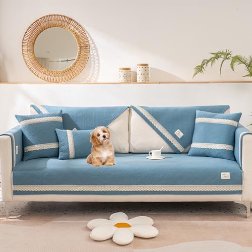 OwkHome Sofabezug-Set Aus Baumwolle – Rutschfester Schonbezug In Volltonfarbe for Anbausofas, Waschbarer Schutz(Lblue,110 * 110cm/43 * 43in) von OwkHome