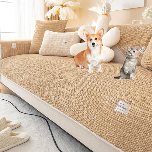 OwkHome Sofabezug-Set Aus Cord, Rutschfester, Wendbarer Möbelschutz for L-förmige Couch(Khaki,110 * 160cm/43 * 63in) von OwkHome