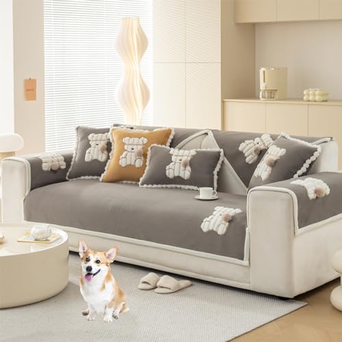 OwkHome Sofabezug-Set Aus Samt Mit Bärenmuster, Rutschfester Stretch-Möbelschutz for Anbausofas(Grey,110 * 160cm/43 * 63in) von OwkHome