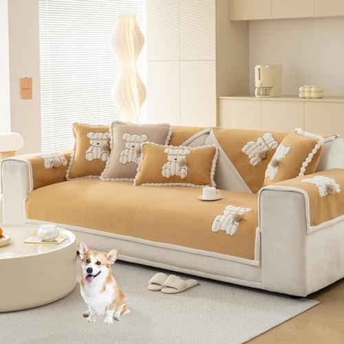 OwkHome Sofabezug-Set Aus Samt Mit Bärenmuster, Rutschfester Stretch-Möbelschutz for Anbausofas(Yellow,90 * 240cm/35.4 * 94in) von OwkHome