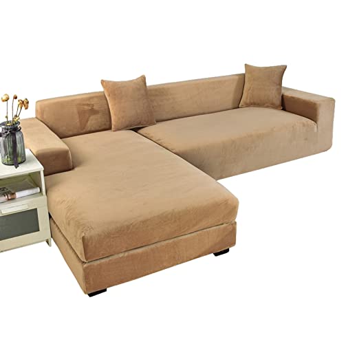 OwkHome Sofabezug-Set In L-Form Aus Samt, 2-teiliger Stretch-Möbelschutz Mit Elastischer Unterseite(Khaki,3+3 Seater) von OwkHome