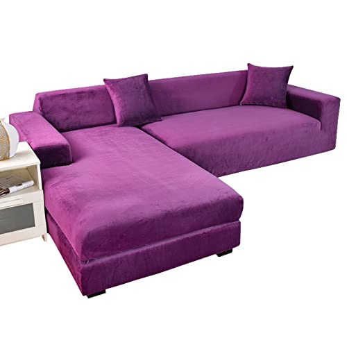 OwkHome Sofabezug-Set In L-Form Aus Samt, 2-teiliger Stretch-Möbelschutz Mit Elastischer Unterseite(Purple,3+3 Seater) von OwkHome