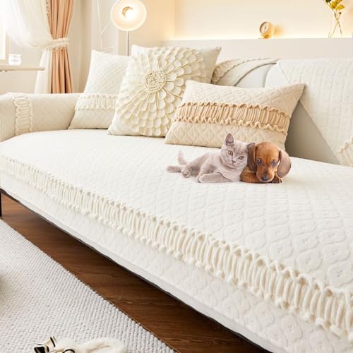 OwkHome Solider Plüsch-Sofabezug for 2-4-Sitzer-Couches, Weicher Anti-Rutsch-Couch-Schonbezug, Flauschiger Möbelschutz(Beige,Pillowcase45*45cm) von OwkHome
