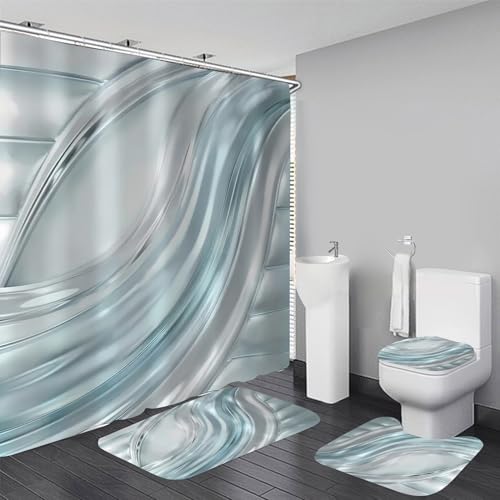 OwkHome Sonnenblumen-Duschvorhang-Set, 4-teilig, Badezimmerdekor Mit Rutschfesten Teppichen Und 12 Haken, Wasserdichtes Polyester(Bluegreen) von OwkHome