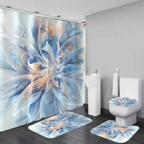 OwkHome Sonnenblumen-Duschvorhang-Set, 4-teilig, Badezimmerdekor Mit Rutschfesten Teppichen Und 12 Haken, Wasserdichtes Polyester(White Blue) von OwkHome