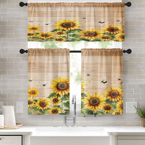 OwkHome Sonnenblumen-Küchenfenstervorhänge - 3-Stück-Set Mit Lamelle Und Untervorhängen Mit Frühlingsschmetterlingsdesign for Wohnzimmer Und Schlafzimmer(Sunflowers 1) von OwkHome
