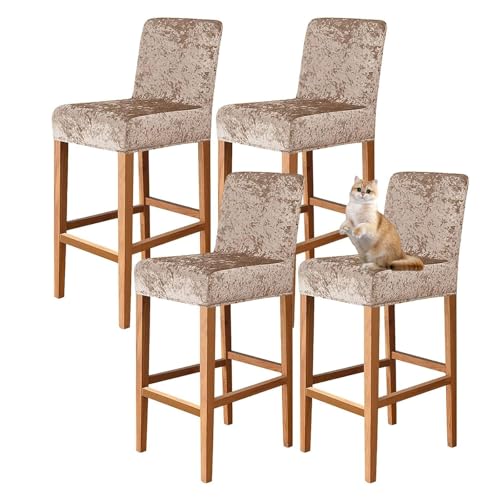 OwkHome Stretch-Barhocker-Bezüge Aus Samt Mit Rückenlehnen, Stuhlhussen In Thekenhöhe for Schutz des Esszimmers(Light Coffee,4 pcs) von OwkHome