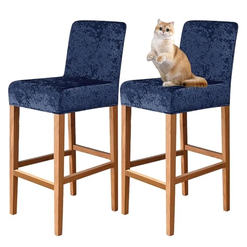 OwkHome Stretch-Barhocker-Bezüge Aus Samt Mit Rückenlehnen, Stuhlhussen In Thekenhöhe for Schutz des Esszimmers(Navy Blue,2 pcs) von OwkHome