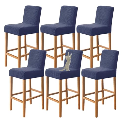 OwkHome Stretch-Barhockerbezüge mit Rückenlehne, rutschfeste, elastische Schonbezüge for Barhocker in Thekenhöhe(Navy Blue,Set of 6) von OwkHome