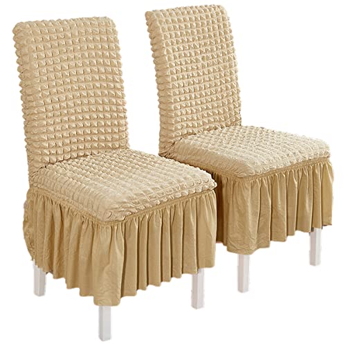 OwkHome Stretch-Esszimmerstuhl-Schonbezüge Im Rock-Design, Abnehmbarer Und Waschbarer Seersucker-Schutz(Beige,4 PCS) von OwkHome