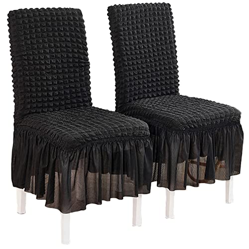 OwkHome Stretch-Esszimmerstuhl-Schonbezüge Im Rock-Design, Abnehmbarer Und Waschbarer Seersucker-Schutz(Black,4 PCS) von OwkHome