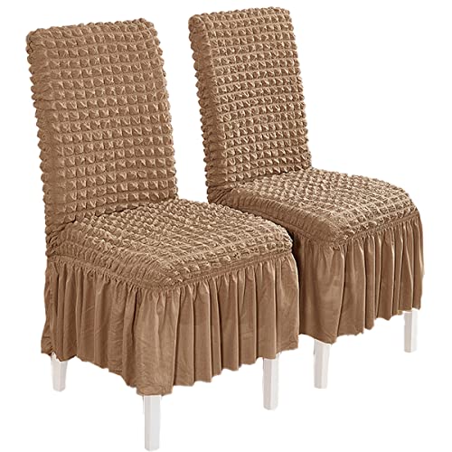 OwkHome Stretch-Esszimmerstuhl-Schonbezüge Im Rock-Design, Abnehmbarer Und Waschbarer Seersucker-Schutz(Khaki,4 PCS) von OwkHome