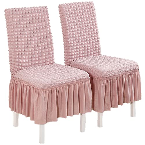 OwkHome Stretch-Esszimmerstuhl-Schonbezüge Im Rock-Design, Abnehmbarer Und Waschbarer Seersucker-Schutz(Pink,6 PCS) von OwkHome