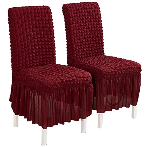 OwkHome Stretch-Esszimmerstuhl-Schonbezüge Im Rock-Design, Abnehmbarer Und Waschbarer Seersucker-Schutz(Wine Red,4 PCS) von OwkHome