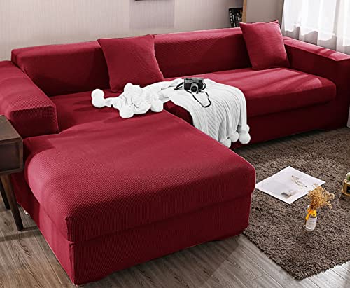 OwkHome Stretch-Jacquard-Ecksofa-Schonbezug, Rutschfester Möbelschutz for L-förmige Sofas(Red,3 Seater+3 Seater) von OwkHome