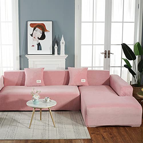 OwkHome Stretch-Sofabezug, Plüschstoff, Hochelastischer, Waschbarer L-förmiger Sofaschutz for Anbaumöbel(Pink,3 Seater+4 Seater) von OwkHome