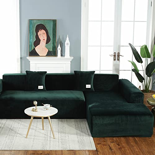 OwkHome Stretch-Sofabezug Aus Samt for 1-4-Sitzer-Sofas, Elastischer Möbelschutz Mit Sicherer Passform, Dicker Plüsch-Sofabezug(Dark Green,2 Seater 145-185cm) von OwkHome