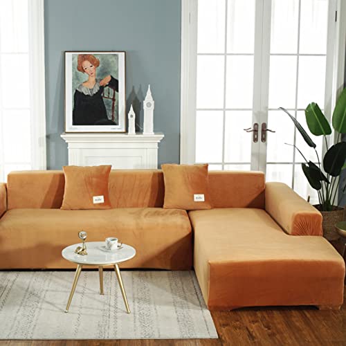 OwkHome Stretch-Sofabezug Aus Samt for 1-4-Sitzer-Sofas, Elastischer Möbelschutz Mit Sicherer Passform, Dicker Plüsch-Sofabezug(Yellow,2 Seater 145-185cm) von OwkHome