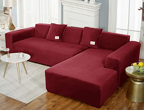 OwkHome Stretch-Sofabezug Aus Samt for Anbausofas, Plüsch-Möbelschutz Mit Elastischer Unterseite(Red,4 Seater(235-300cm)) von OwkHome