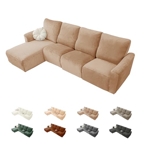 OwkHome Stretch-Sofabezug Aus Samt for Liegestühle, Universelle Passform, Rutschfester Möbelschutz for Haustiere(Khaki,3seats/8Pieces) von OwkHome