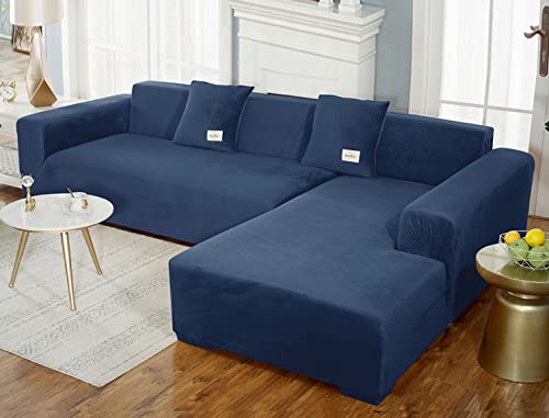 OwkHome Stretch-Sofabezug Aus Samtplüsch for Anbaumöbel Mit Elastischem, Sicherem Sitz(Blue-3,2 Seater(145-185cm)) von OwkHome