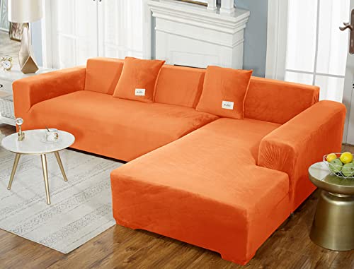 OwkHome Stretch-Sofabezug Aus Samtplüsch for Anbaumöbel Mit Elastischem, Sicherem Sitz(Orange,3 Seater+4 Seater) von OwkHome