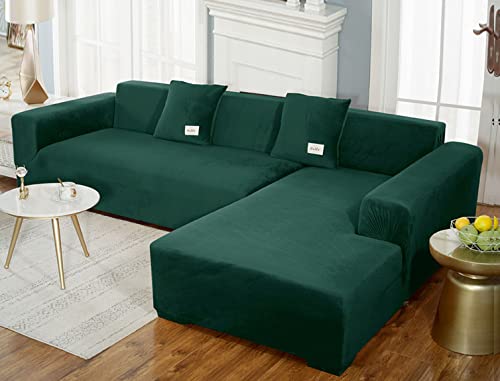 OwkHome Stretch-Sofabezug Aus Samtplüsch for Anbausofas, Weicher Schonbezug Schützt Möbel Mit Elastischem Rand, Maschinenwaschbar(Dark Green,4 Seater+4 Seater) von OwkHome