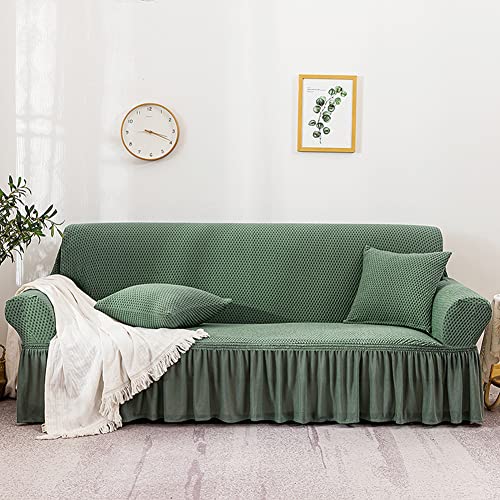 OwkHome Stretch-Sofabezug Mit Rüschenrock, Universeller Elastischer Couchbezug Aus Waschbarem Polyester for Haustiere(Green,3 Seat 190-230 cm) von OwkHome