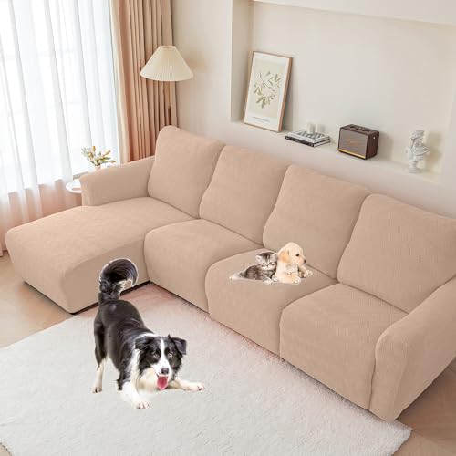 OwkHome Stretch-Sofabezug for Liegesofas Mit Rautenmuster for 1-3-Sitzer, Elastischer, Waschbarer Schonbezug(Khaki,Chaise Lounge) von OwkHome