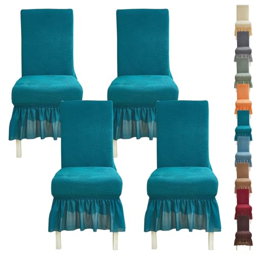 OwkHome Stretch-Stuhlhussen-Set Parson for Esszimmerstühle Mit Abnehmbarem Rock, Waschbare Universal-Schonbezüge for Küche, Party Und Bankett(Cyan,4pcs) von OwkHome