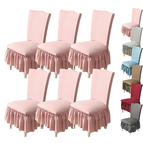 OwkHome Stuhlbezug Mit Rock – Dehnbares, Verdicktes Schonbezug-Set for Esszimmerstühle Mit Gerader Rückenlehne, Universelle Passform(Pink 6pcs) von OwkHome