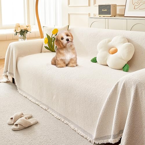 OwkHome Universal-Sofabezug Aus Plüsch, rutschfest, Mehrzweck-Schonbezug for Ecksofas(Beige,180 * 320cm/71 * 126in) von OwkHome