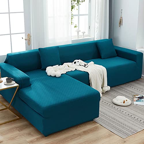 OwkHome Universeller L-förmiger Sofabezug, Hochelastischer Couchbezug Aus Jacquard-Stoff for 1-4 Sitzer, Langlebiger Schutz for Das Wohnzimmer, Blaues Design(Blue-3,3 Seater(190-230cm)) von OwkHome