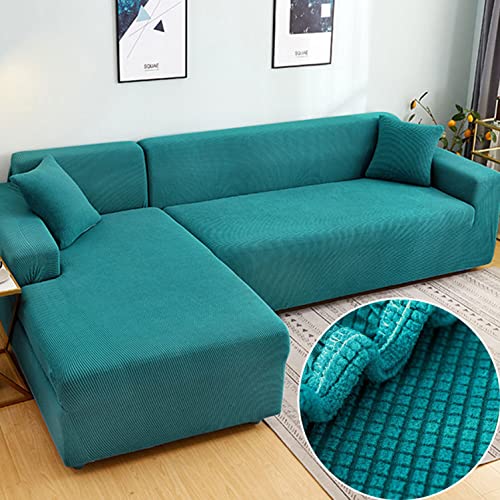 OwkHome Universeller L-förmiger Sofabezug, Hochelastischer Couchbezug Aus Jacquard-Stoff for 1-4 Sitzer, Langlebiger Schutz for Das Wohnzimmer, Blaues Design(Green-1,4 Seater+4 Seater) von OwkHome