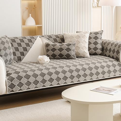 OwkHome Verdickter Plüsch-Sofabezug, Rutschfester Schnittschutz Mit Festem Karomuster for Sofas Mit 2/3/4 Kissen(Agray,70 * 180cm/27.6 * 71in) von OwkHome