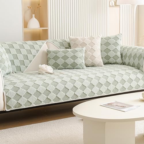 OwkHome Verdickter Plüsch-Sofabezug, Rutschfester Schnittschutz Mit Festem Karomuster for Sofas Mit 2/3/4 Kissen(Agreen,110 * 210cm/43 * 83in) von OwkHome