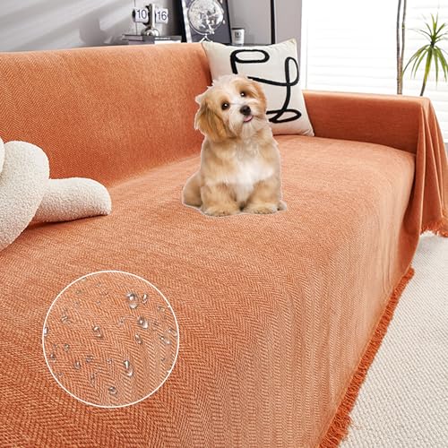 OwkHome Wasserdichter Chenille-Sofabezug Mit Fransenbesatz, Rutschfester Schonbezug for Wohnmobile(Orange,180 * 420cm/71 * 165in) von OwkHome